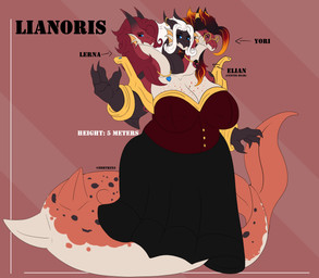 3_heads anthro apode big_breasts black_hair black_sclera blonde_hair blue_eyes breasts cleavage clothed clothing collar dress eyelashes eyewear female fin freckled_breasts freckled_chest freckles glasses hair legless long_eyelashes markings multi_head multicolored_body orange_body orange_eyes ornament red_body red_hair ring serpentine solo spots spotted_markings spotted_tail tail tail_markings white_body white_hair zortrex european_mythology greek_mythology mythology lianoris_(zortrex) draconcopode dragon hydra mythological_creature mythological_scalie scalie absurd_res hi_res