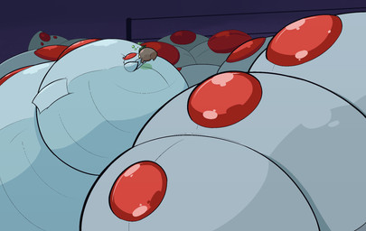 bubble cast_shadow cybernetics hyper hyper_inflation inflation machine metallic_body puffkiss purple_background simple_background areoants terraria the_destroyer_(terraria) toxikarp aquatic cyborg fish worm 2025 hi_res