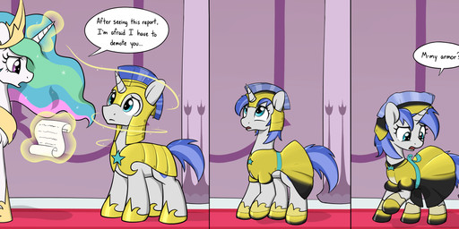armor clothing crown dialogue dress duo feathered_wings feathers female feral gender_transformation hair headgear helmet horn inside jewelry magic maid_uniform mtf_transformation necklace shrinking size_transformation smile surprised text transformation uniform wings skitterpone friendship_is_magic hasbro my_little_pony mythology princess_celestia_(mlp) royal_guard_(mlp) equid equine mammal mythological_creature mythological_equine unicorn winged_unicorn 2019 absurd_res comic english_text hi_res long_image wide_image