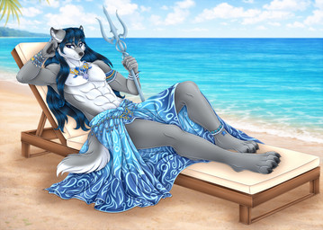 4_toes 5_fingers abs anthro barefoot beach black_nose blue_hair clothed clothing feet fingers fur grey_body grey_fur hair hindpaw humanoid_hands male melee_weapon multicolored_body multicolored_fur nipples outside paws polearm sand sea solo toes topless topless_anthro topless_male trident two_tone_body two_tone_fur water weapon white_body white_fur mailner maku_(masterofwolves99) canid canine canis mammal wolf absurd_res hi_res