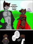 african_wild_dog alpha_channel anatomically_correct animal_genitalia animal_penis anthro black_border border canid canine canine_genitalia canine_penis canis cape clothing comic dialogue domestic_dog duo english_text erection fairy_tales genitals hi_res humor knot knot_in_sheath little_red_riding_hood little_red_riding_hood_(copyright) male mammal parody penis plant procyonid raccoon raccoon_douga raccoondouglas scar sheath shrub text thong underwear yet_another_red_riding_hood_comic