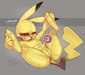 anthro anus armpit_hair belly bodily_fluids body_hair chest_tuft cum cum_in_vagina cum_inside dark_sclera dialogue digitigrade female genital_fluids genitals heart_symbol impregnation logo looking_at_viewer lying on_back open_mouth ovum ovum_with_heart paws presenting presenting_anus presenting_vulva pubes simple_background smug solo spread_legs spreading tail tuft vulva cryptidfelinoid nintendo pokemon generation_1_pokemon pikachu pokemon_(species)