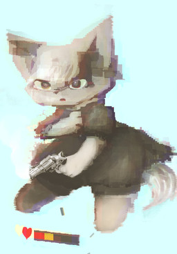 4_fingers anthro bangs black_clothing blue_background bottomwear brown_nose clothed clothing featureless_feet feet female fingers floating fur gameplay_mechanics gui gun hair hand_on_chest handgun health_bar heart_symbol holding_object holding_weapon kemono long_tail looking_forward open_mouth pointy_ears prick_ears pupils ranged_weapon red_eyes red_tongue revolver shell_(projectile) shorts simple_background smoke solo tail tan_body tan_ears tan_fur tan_hair tan_inner_ear tan_tail tongue weapon white_pupils wounded yellow_eyes hooki herba_(hasukii) canid canine mammal