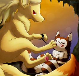 4_toes animal_genitalia animal_penis balls blush bodily_fluids brown_body brown_eyes brown_fur canine_genitalia canine_penis cave chest_tuft digitigrade dominant dominant_male duo erection feet femboy feral feral_on_feral foot_fetish foot_lick foot_play footjob fur genital_fluids genitals half-closed_eyes interspecies leash leash_pull licking male male/male multi_tail narrowed_eyes pawpads paws penile penis pink_pawpads precum red_eyes saliva sex sitting size_difference submissive submissive_male sunset tail toes tongue tongue_out tuft yellow_body yellow_fur trigaroo nintendo pokemon canid canine furret generation_1_pokemon generation_2_pokemon mammal mustelid ninetales pokemon_(species) 2016 digital_media_(artwork) shaded