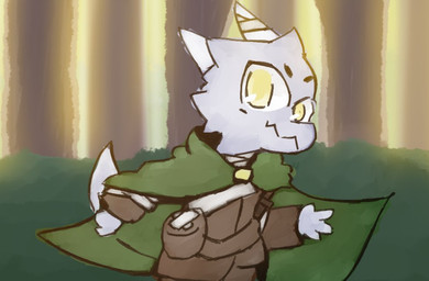 andromorph anthro bandage blue_body blue_scales cape clothed clothed_anthro clothing flat_chested forest horn intersex looking_at_viewer melee_weapon plant scales solo sword tail tree weapon wide_hips yellow_eyes kobythekobold koby_(kobythekobold) kobold scalie