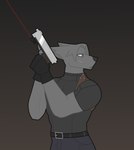 2023 anthro belt belt_buckle blue_eyes bottomwear buckle canid canine canis capcom clothing digital_media_(artwork) ears_back gloves gradient_background grey_background gun handgun handwear holding_gun holding_handgun holding_object holding_pistol holding_ranged_weapon holding_weapon holster laser_sight leon_kennedy looking_aside male mammal pants pistol pivoted_ears ranged_weapon resident_evil scar shirt simple_background solo topwear weapon werebud wolf