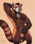 5_fingers abs anthro areola balls biped black_areola black_nipples black_nose black_penis blue_eyes bodily_fluids brown_body brown_fur brown_hair brown_inner_ear brown_markings brown_stripes chest_markings chin_piercing claws countershade_face countershade_fur countershading ear_piercing ear_stud erection eyebrows facial_piercing finger_claws fingers front_view fur fur_markings genital_fluids genitals glistening glistening_eyes grin grinning_at_viewer hair hand_behind_head humanoid_genitalia humanoid_hands humanoid_penis jewelry long_tail looking_at_viewer male male_anthro markings masturbation multicolored_body multicolored_fur muscular muscular_anthro muscular_male navel necklace necklace_only nipples nude nude_anthro nude_male orange_balls orange_body orange_fur orange_markings orange_stripes pecs penile penile_masturbation penis piercing precum precum_string pupils raised_arm ring_(marking) ringed_tail simple_background smile smiling_at_viewer solo standing striped_markings striped_tail stripes tail tail_markings tan_background white_body white_countershading white_ears white_eyebrows white_fur white_markings white_sclera rov ailurid mammal red_panda digital_media_(artwork) hi_res portrait signature three-quarter_portrait