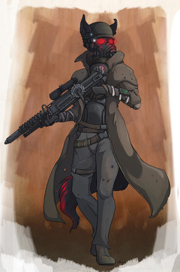 alternate_species ambiguous_gender armor belt clothing furrification gun hat headgear headwear helmet holding_gun holding_object holding_ranged_weapon holding_weapon mask military_uniform ncr_ranger_(fallout) new_california_republic new_vegas pip-boy railgun ranged_weapon rifle simple_background solo tail uniform weapon mingchee fallout microsoft shadow_worfu_(dothemonkey94) the_courier_(fallout) canid canine canis mammal wolf signature