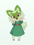 anthro chibi clothing dress female green_clothing green_dress paws size_difference smaller_female solo zilikslider nintendo pokemon domestic_cat felid feline felis generation_9_pokemon mammal pokemon_(species) sprigatito 3:4 hi_res