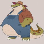 anthro belly big_belly claws clothed clothing dorsal_ridge furgonomics green_body green_scales hand_in_pocket hat headgear headwear male obese obese_anthro obese_male open_mouth open_smile overalls overweight overweight_anthro overweight_male pockets scales smile solo standing sun_hat tail tail_clothing tail_ridge tan_body tan_scales teeth toe_claws razigator crocodilian reptile scalie 1:1 hi_res