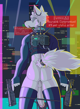 accessory big_penis black_collar black_nose bodily_fluids bottomless butt city city_background clothed clothing collar fur furgonomics futuristic genital_fluids genitals grey_body grey_fur grey_tail gun humanoid_genitalia humanoid_penis leaking_precum male penis precum ranged_weapon solo tail tail_accessory tail_collar text weapon pvt._keron canid canine canis mammal wolf english_text hi_res