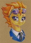 clothed clothed_feral clothing eyelashes eyewear female feral fur hair looking_at_viewer necktie orange_eyes orange_hair solo sunglasses three-quarter_view yellow_body yellow_fur maytee friendship_is_magic hasbro my_little_pony spitfire_(mlp) wonderbolts_(mlp) equid equine horse mammal pony 2022 bust_portrait colored_pencil_(artwork) portrait traditional_media_(artwork)