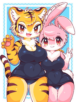 anthro big_breasts blush blush_lines breasts chest_tuft claws clothing cotton_tail countershading cute_fangs dipstick_ears duo ear_markings fangs female fingers gesture hand_gesture hand_on_shoulder head_tuft inner_ear_fluff kemono looking_at_viewer multicolored_ears navel_outline one-piece_swimsuit pawpads pink_body pink_pawpads red_eyes school_swimsuit simple_background stripes swimwear teeth tuft v_sign yellow_body takiune_(pixiv) felid lagomorph leporid mammal pantherine rabbit tiger 2022 3:4 aliasing digital_media_(artwork) low_res portrait three-quarter_portrait