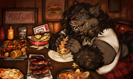 ambiguous_gender anthro arm_hair body_hair brown_hair burger claws clothing dark_body dark_fur ear_piercing eating eating_food facial_piercing facial_scar fangs finger_claws food food_on_mouth fur furry_arms garlic_bread gauged_ear hair holding_food holding_object messy_eating nose_piercing nose_ring overweight piercing plaid restaurant ribs_(food) ring ring_piercing scar shirt smile smiling_at_viewer t-shirt teeth topwear smorgasgored mythology canid canine canis mammal mythological_canine mythological_creature werecanid werecanine werecreature werewolf wolf 5:3 hi_res