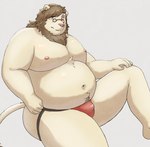 anthro belly big_belly bulge clothing eyewear glasses humanoid_hands jockstrap kemono male moobs navel nipples overweight overweight_male red_clothing red_jockstrap red_underwear simple_background sitting solo underwear maron2475 felid lion mammal pantherine 2022 hi_res