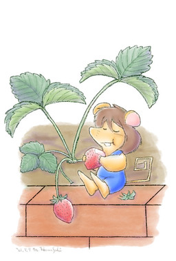 anthro biped chibi clothed clothing eating eyes_closed food fruit micro plant sitting solo strawberry mglb_marin gamba_no_bouken gamba_no_bouken_(series) ikasama mammal mouse murid murine rodent 2021