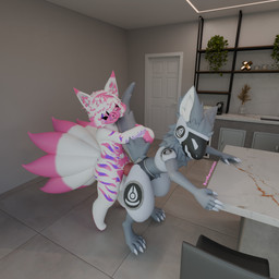 against_counter against_furniture against_surface ambiguous_gender anal anal_penetration anthro armor balls bent_over birthmark counter duo fur fur_markings genitals hair heart_(marking) heart_symbol heterochromia kitchen knot looking_pleasured machine male male/ambiguous markings multi_tail penetration penis pink_body pink_fur pink_hair purple_body purple_fur screen screen_face sex tail tail_grab visor white_body white_fur white_hair burtrevolution burtrevolution_(burtrevolution) canid canine fox mammal protogen 1:1 3d_(artwork) absurd_res blender_(artwork) digital_media_(artwork) hi_res
