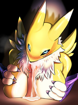 anthro anthro_penetrated black_sclera blue_eyes blush bodily_fluids breast_play breasts claws clothing cum duo erection female female_focus female_penetrated finger_claws fur fur_tuft genital_fluids genitals hand_on_breast iris looking_at_viewer male male/female male_penetrating male_penetrating_female markings multicolored_body multicolored_ears multicolored_fur neck_tuft oral oral_penetration penetration penile penile_penetration penis pupils purple_clothing purple_markings sex solo_focus titfuck tuft two_tone_breasts two_tone_ears vein veiny_penis white_body white_fur yellow_body yellow_ears yellow_fur tuikinito bandai_namco digimon canid digimon_(species) mammal renamon absurd_res hi_res