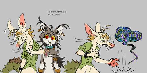 anthro blep blush blush_lines bodily_fluids bracelet brown_hair clock clothing collar collared_shirt drooling duo ear_piercing ear_ring eyelashes fangs featureless_chest forked_tongue front_view fur green_eyes green_tail grey_background grey_body grey_fur hair horrified jewelry long_eyelashes male male_anthro motion_lines notched_ear one_eye_closed piercing playful poisoned psychedelic pupils red_pupils ring_piercing saliva saliva_string scared shirt shocked simple_background spiked_tail spikes spikes_(anatomy) spurs spurs_(anatomy) standing star_symbol surprised sweat sweatdrop tail tan_body tan_fur tear_trough teeth text tongue tongue_out topwear turning_around unconscious venom watch wink wristwatch yellow_sclera worm_(artist) crocodile crocodilian felid feline hybrid kangaroo macropod mammal marsupial reptile scalie english_text