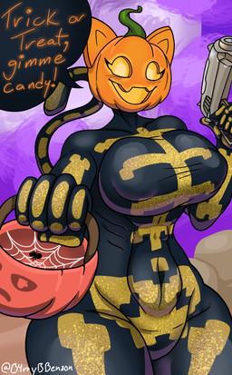 anthro big_breasts breasts butt candy_bucket clothing costume dialogue female food for_a_head fruit gun handgun holidays looking_at_viewer one_piece_suit open_mouth pistol plant pumpkin pumpkin_head ranged_weapon simple_background smile solo speech_bubble spider_web tail text thick_thighs weapon barrybensonberry epic_games fortnite fortnite:_battle_royale spice_(fortnite) arachnid arthropod domestic_cat felid feline felis mammal object_head spider 2025 colored digital_drawing_(artwork) digital_media_(artwork) english_text hi_res shaded signature