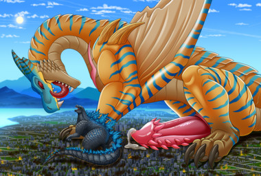 big_penis bodily_fluids city city_destruction destruction duo extreme_size_difference feral genital_fluids genitals giga huge_penis larger_feral larger_male licking licking_lips looming macro male penis precum size_difference tongue tongue_out furrypur capcom godzilla_(series) monster_hunter toho godzilla grev_(greviste) flying_wyvern kaiju tigrex hi_res