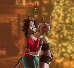 anthro christmas_lights christmas_tree duo female female/female holidays kissing mistletoe plant standing tree blackwidoe christmas jab_(shutupjab) thirteen_(blackwidoe) deer domestic_cat felid feline felis mammal hi_res trans_(lore) trans_woman_(lore)