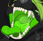 anthro black_body bodily_fluids fangs glowing green_eyes green_hair green_mouth hair mouth_shot open_mouth saliva saliva_on_tongue saliva_string solo teeth teeth_showing throat tongue tongue_out judasyfox canid canine canis mammal wolf animated no_sound short_playtime webm