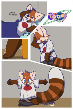 age_regression anthro bed bedroom blue_eyes clothing dialogue eyewear fur furniture getting_up glasses groggy inside looking_at_self male markings orange_body orange_fur oversized_clothing paws solo striped_markings striped_tail stripes surprised tail tail_markings waking_up walking white_body white_fur tropojet jet_(tropojet) ailurid mammal red_panda comic hi_res
