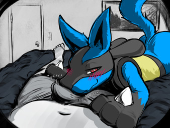 ambiguous_anthro ambiguous_gender anthro bed bedroom bedroom_eyes big_butt black_body black_fur blue_body blue_fur blush blush_lines bulge bulge_in_face bulge_rubbing bulge_sniffing butt clothed clothing crotch_sniffing duo first_person_view fur furniture half-closed_eyes heart_pupils human_on_anthro human_pov interspecies lidded_eyes looking_at_viewer lying lying_on_bed male male/ambiguous male_human male_pov motion_lines narrowed_eyes on_back on_bed on_front painting_(object) partially_clothed seductive smile sniffing spikes spikes_(anatomy) suggestive_look tail teasing text touching_bulge underwear yellow_body yellow_fur fuzzydonutsss nintendo pokemon generation_4_pokemon human lucario mammal pokemon_(species) absurd_res hi_res