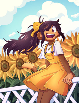 anthro blue_sky bow_ribbon brown_body brown_eyes clothing dress fence flower hair jewelry looking_at_viewer necklace one_eye_closed plant ponytail sitting_on_fence sky solo sundress sunflower wink kittkobold tunasalmon bloons_tower_defense ninja_kiwi haplorhine mammal monkey primate hi_res