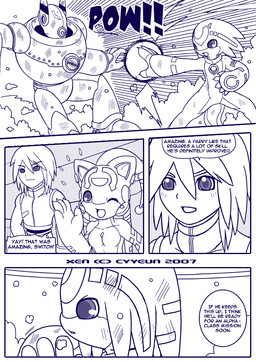 anthro clothed clothed_human clothed_male clothing dialogue female fight group hair machine male male_anthro male_human open_mouth open_smile shirt smile talking_to_another text topwear cyyeun xen_(series) switch_(xen) human mammal robot robot_anthro 2007 blue_and_white comic dated english_text monochrome