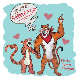 3_toes 5_fingers anthro arms_bent big_nose black_eyebrows black_tail_tip blue_background blue_nose blush blush_lines brown_line_art brown_stripes compliment dipstick_tail duo eyebrows featureless_crotch featureless_feet feet fingers fur gesture hand_gesture hand_holding hand_on_own_face happy heart_symbol heart_tail kerchief kerchief_only larger_anthro larger_male light long_tail love male male/male male_anthro markings mascot mostly_nude mostly_nude_anthro mostly_nude_male muscular muscular_anthro muscular_male neckerchief neckerchief_only neckwear nude_anthro nude_male open_mouth open_smile orange_body orange_fur plushie pointing pointing_up red_tongue simple_background size_difference smaller_anthro smaller_male smile speech_bubble standing striped_markings striped_tail stripes tail tail_markings talking_to_another talking_to_partner text toes tongue two_tone_tail whiskers white_body white_fur white_inner_ear yelling yelling_at_another plasticpuppies disney frosted_flakes kellogg's winnie_the_pooh_(franchise) tigger tony_the_tiger animate_inanimate hybrid living_plushie 1:1 2025 artist_name colored colored_line_art crossover dated digital_drawing_(artwork) digital_media_(artwork) english_description hi_res lighting shaded
