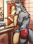 alternate_version_in_description anthro anthro_on_anthro bathroom black_nose blue_briefs blue_clothing blue_eyes blue_underwear boxer_briefs boxer_briefs_only briefs briefs_only brown_eyes brown_nose brush bulge butt clothed clothing colored_seam_underwear duo fur grey_body grey_fur holding_object hug logo looking_back male male/male mirror multicolored_body multicolored_fur muscular muscular_male open_mouth open_smile rear_view red_boxer_briefs red_clothing red_underwear shower_curtain smile tan_body tan_fur text toothbrush toothpaste toothpaste_tube topless two_tone_body two_tone_fur underwear underwear_only whiskers white_seam_briefs white_seam_underwear ventkazemaru andrew_oleander cooper_estevez bird_dog canid canine canis domestic_dog hunting_dog labrador mammal retriever wolf 2019 3:4 alternate_version_at_source artist_logo artist_name hi_res