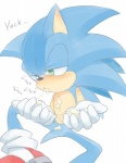 anthro biped blue_body blue_fur bodily_fluids clothing cum cum_drip cum_in_mouth cum_inside cum_on_hand cum_string dialogue dripping footwear fur genital_fluids gloves green_eyes handwear male shoes simple_background sitting solo text white_background nashi_(intothe_bluesky) sega sonic_the_hedgehog_(series) sonic_the_hedgehog eulipotyphlan hedgehog mammal japanese_text