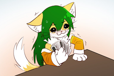4_fingers anthro blush blush_lines bodily_fluids card clothing ear_tuft female fingers furniture gradient_background green_eyes green_hair hair playing_card simple_background solo table tears tuft sollyz sundyz domestic_cat felid feline felis mammal 2020