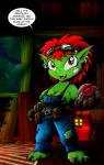 3_toes breasts cleavage clothed clothing feet female green_body green_skin hair looking_at_viewer nipples not_furry overalls red_eyes red_hair solo toes drake_fenwick goblin humanoid