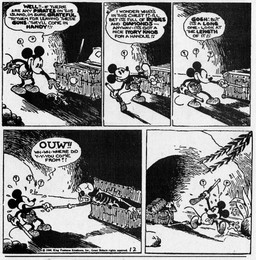 anthro bone bottomwear cave clothed clothing dialogue footwear male open_mouth pants question_mark shoes skeleton speech_bubble text ub_iwerks walt_disney_(artist) win_smith disney public_domain mickey_mouse 1930 20th_century absurd_res ancient_art black_and_white comic english_text hi_res monochrome
