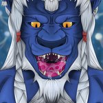 beard blue_body blue_fur bodily_fluids braided_hair drooling facial_hair fangs front_horn fur hair horn long_hair male mouth_shot nipples open_mouth pecs saliva solo teeth tongue uvula white_hair yellow_eyes leonheart54115 final_fantasy final_fantasy_x square_enix kimahri felid mammal ronso 1:1 headshot_portrait hi_res portrait