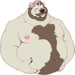 anthro beard body_hair brown_hair chest_tuft claws ear_piercing ear_ring eyes_closed facial_hair finger_claws fur hair hand_on_belly happy happy_trail highlights_(coloring) male moobs mustache navel nipples open_mouth overweight overweight_anthro overweight_male pawpads piercing pink_highlights ring_piercing smile solo tuft white_body white_fur soul_nero vtuber barley_(barleytheburr) bear mammal polar_bear ursine 1:1 2023 hi_res