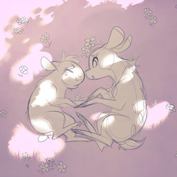 2_horns ambiguous_gender duo feral flower fur grass hair happy horn lying on_side plant quadruped shadow short_hair smile spots tail itsdanfango ansel_(itsdanfango) olive_(itsdanfango) bovid caprine deer goat mammal 1:1 2019 hi_res sketch