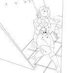 anthro belt big_breasts blood bodily_fluids breasts bullet_wound corpse curvy_figure death eye_roll female gun gunshot_wound handgun hourglass_figure knock-kneed overcoat pistol ranged_weapon ryona snuff solo toilet weapon cementovercoat unknown_species monochrome