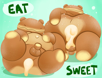 balls belly big_belly big_butt biped bread brown_body butt erection eyes_closed food genitals male overweight overweight_male penis solo text trashtoonz bread_creature food_creature 2022 hi_res