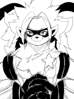 ambiguous_gender anthro cybernetic_arm cybernetic_limb fur hair mask mechanical_arm neck_tuft solo star text tuft winick-lim bandai_namco digimon digimon_beatbreak digimon_(species) wolvermon 2025 3:4 digital_media_(artwork) english_text monochrome sketch