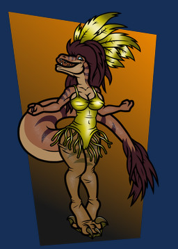 3_fingers 3_toes anthro belly big_breasts big_hair big_tail blue_eyes bodysuit breasts brown_body brown_claws brown_feathers brown_hair brown_scales brown_stripes camel_toe claws clothing countershade_face countershade_neck countershade_tail countershade_torso countershading dancing digitigrade facial_markings feather_hair feathers feet female finger_claws fingers glistening glistening_body glistening_clothing glistening_eyes glistening_scales golden_clothing hair head_markings knock-kneed legwear long_hair long_neck long_tail looking_at_viewer markings multicolored_body navel non-mammal_breasts non-mammal_navel nylon nylon_clothing nylons open_mouth open_smile pantyhose paws pseudo_hair scales showgirl sickle_claw simple_background skinsuit smile smiling_at_viewer snout solo standing striped_arms striped_body striped_face striped_legs striped_markings striped_neck striped_tail stripes tail tail_feathers tail_markings tapering_tail tassels teeth tight_clothing toe_claws toes translucent translucent_clothing translucent_legwear yellow_body yellow_bodysuit yellow_clothing yellow_feathers yellow_legwear yellow_pantyhose yellow_skinsuit janek5 janek_(janek5) anthrosaur dinosaur dromaeosaurid prehistoric_species reptile saurischian scalie theropod velociraptor absurd_res alpha_channel hi_res