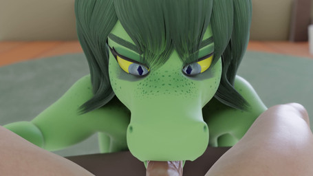 anthro biped blue_eyes breasts depth_of_field duo erection eyebrows eyelashes female freckled_face freckled_shoulders freckles genitals green_body green_hair hair looking_at_viewer male male/female nude oral oral_penetration penetration penile penile_penetration penis rug sex yellow_sclera pedanticpenguin twilightv0ids_(modeler) cavemanon_studios i_wani_hug_that_gator olivia_halford baryonyx dinosaur human mammal prehistoric_species reptile saurischian scalie spinosaurid theropod 3d_(artwork) animated blender_(artwork) digital_media_(artwork) hi_res loop short_playtime video
