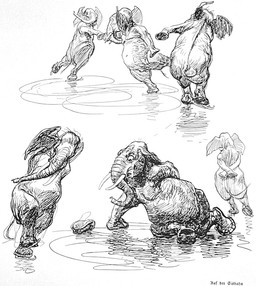 african ambiguous_gender anthro clothing footwear group ice ice_skates ice_skating kneeling looking_at_another nude_anthro proboscis_(anatomy) trio trunk_(anatomy) tusks heinrich_kley elephant elephantid mammal proboscidean 1910 20th_century ancient_art black_and_white monochrome