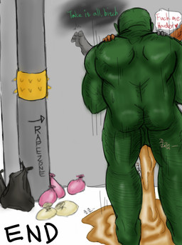 anal anal_penetration balls big_balls bodily_fluids colored_cum condom cum cum_drip cum_in_ass cum_inside cum_pool cum_while_penetrated dialogue dominant dripping duo filled_condom fur genital_fluids genitals green_body green_skin huge_balls inflation larger_dom larger_male male male/male male_penetrated male_penetrating male_penetrating_male multicolored_body multicolored_fur muscular muscular_male not_furry nude penetration sex sexual_barrier_device size_difference smaller_male stand_and_carry_position standing standing_sex text unusual_bodily_fluids unusual_cum unusual_genital_fluids yellow_cum hakiahki canid canine canis domestic_dog humanoid mammal orc english_text