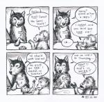 2017 4koma absurd_res anne_barnetson base_two_layout black_nose canid canine canis comic customer_service_wolf dialogue duo_focus english_text exclamation_point feral four_frame_image grid_layout group haplorhine hi_res looking_at_viewer mammal monkey primate question_mark snout speech_bubble text traditional_media_(artwork) two_row_layout wolf