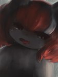 bangs black_nose clothed clothing eyelashes featureless_chest female hair kemono looking_at_viewer looking_down nude open_mouth pupils raining red_eyes red_hair red_tongue short_hair solo tongue topless wet white_hair white_pupils hasukii mal_(hasukii) canid canine mammal 3:4