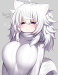 :< ahoge big_breasts blush breasts clothed clothing female fluffy fluffy_tail fur grey_background grey_eyes hair half-closed_eyes inner_ear_fluff light_body light_skin long_hair looking_at_viewer messy_hair monotone_body monotone_fur monotone_hair narrowed_eyes ribbed_clothing ribbed_sweater simple_background solo sweater tail tired topwear tuft white_body white_clothing white_fur white_hair white_inner_ear_fluff white_sweater white_topwear mofuaki animal_humanoid canid canid_humanoid canine canine_humanoid canis dog_humanoid domestic_dog humanoid mammal mammal_humanoid nordic_sled_dog samoyed spitz half-length_portrait portrait